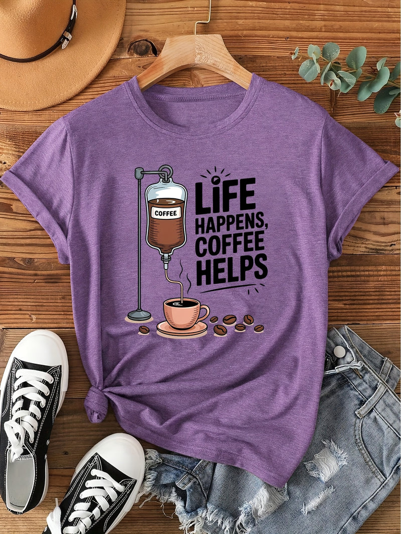 Women's Coffee-Themed T-Shirt with "Coffee Helps" Slogan.