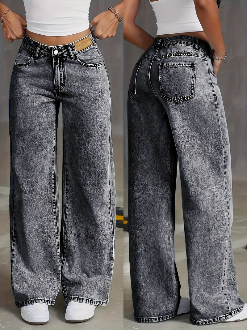 Women's Distressed Snowflake Washed Loose Straight-Leg Jeans.