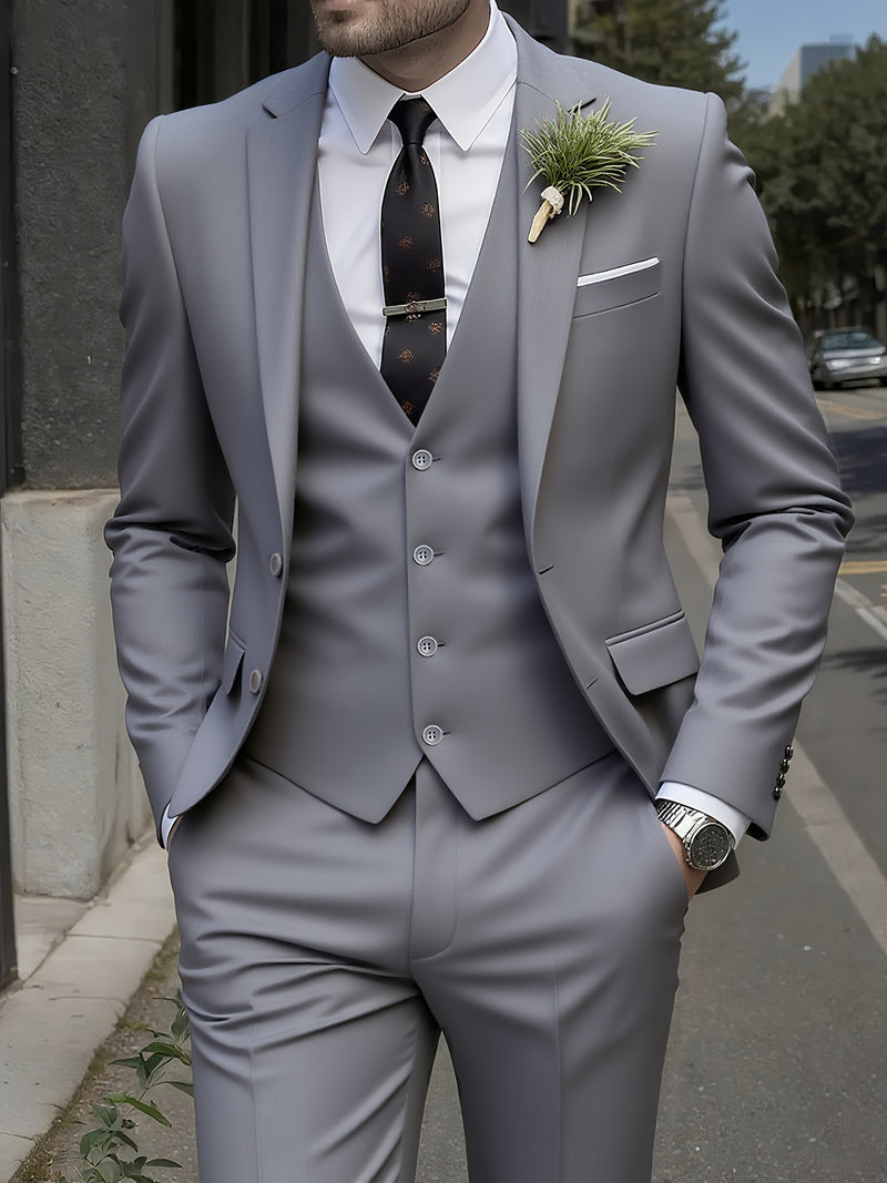Men's High-End 3pcs Suit Set, Plus Size Men's Suit Set with Pants and Vest.