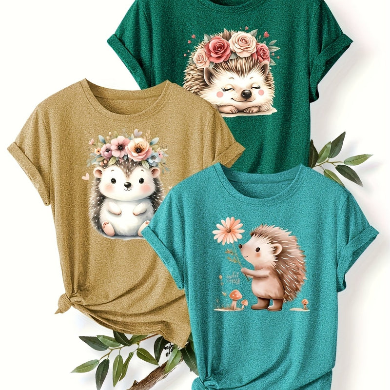3pcs Women's Cute Hedgehog Graphic T-Shirts.