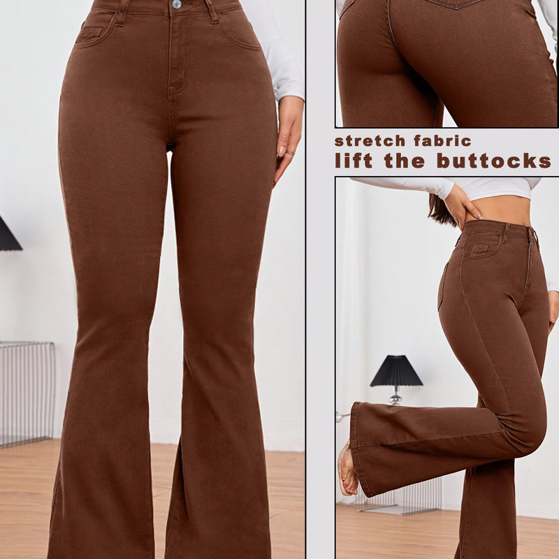 Coffee Brown Fashionable Elegant Women's Flared Jeans.