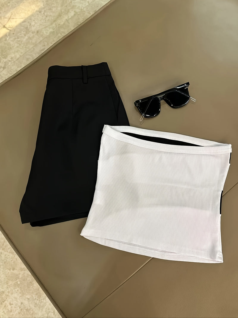 Women’s -Blocked Strapless Fitted Top Paired with Versatile Casual Shorts.