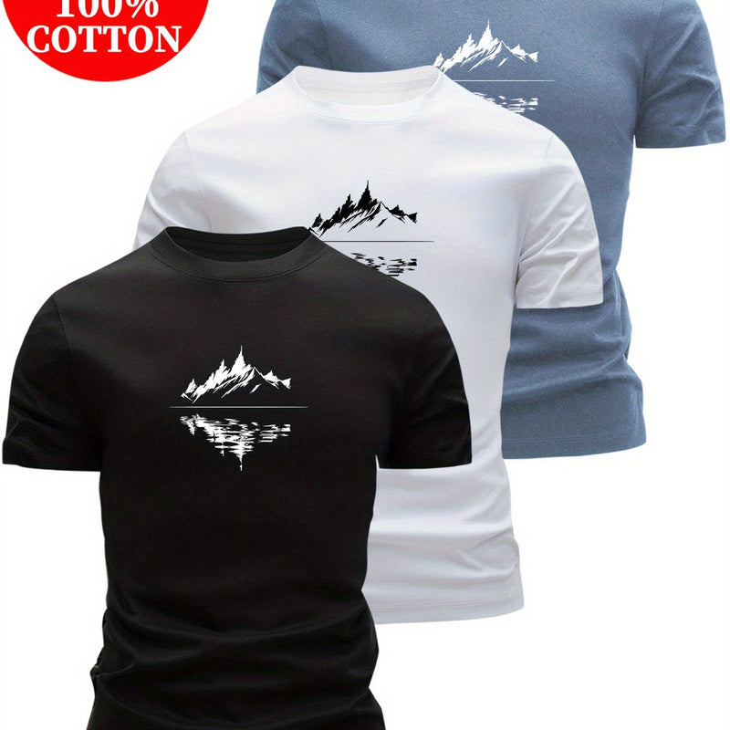 3pcs 100% Cotton T-Shirts with Landscape Pattern.