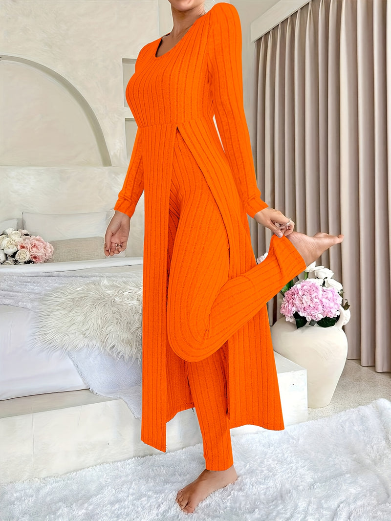 2pcs Women's Designer Round Neck Split Long Sleeve Top and Pants.