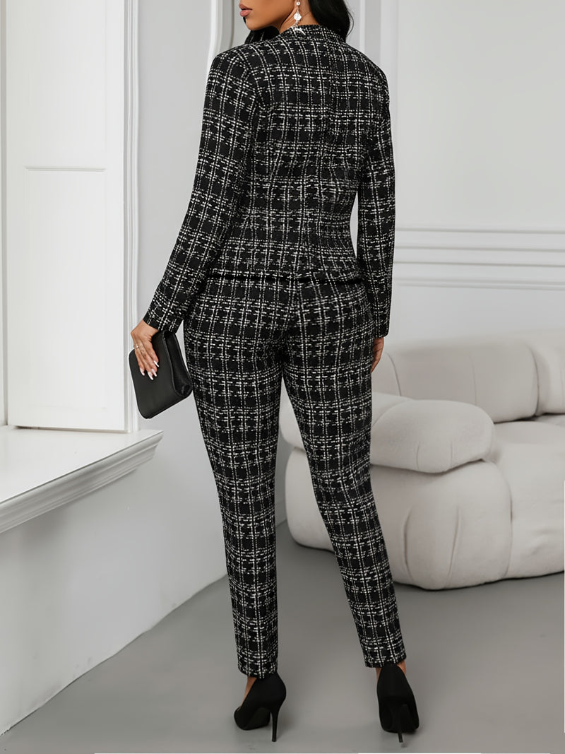 Women’s Elegant Plaid Suit Two-Piece Set with Front Double.