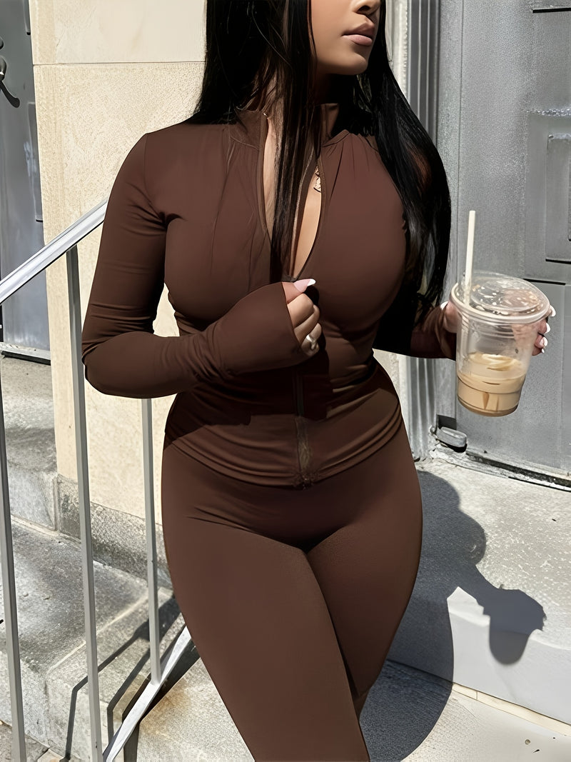 Women's Two-Piece Zippered Top Set, Ladies' Fashion Suit.