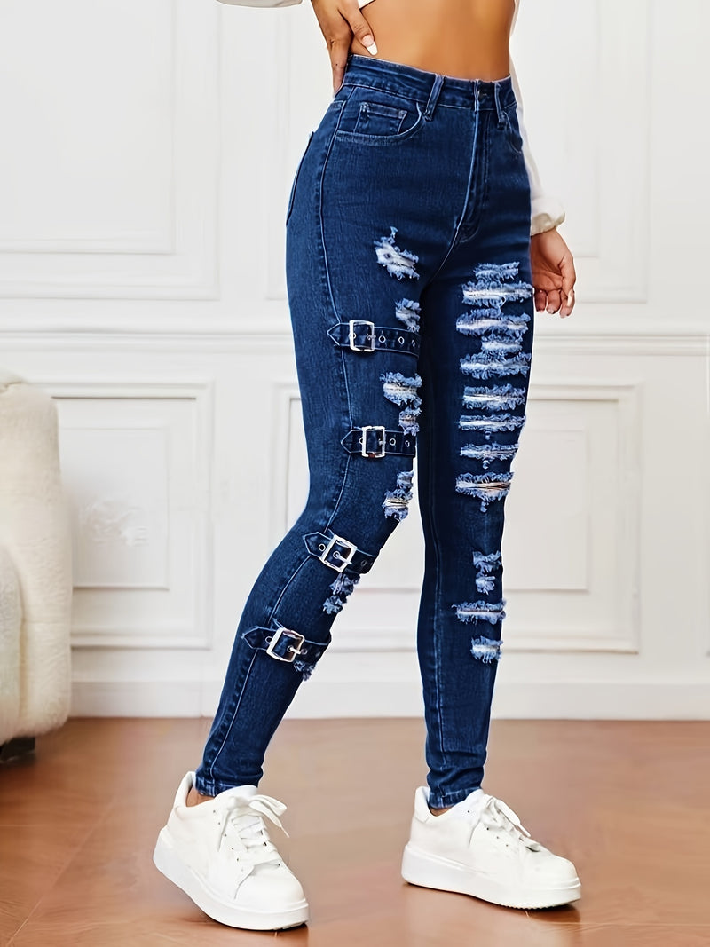 Women's Stretchy Fashionable Versatile Snap Button Ripped Skinny Ankle Jeans.