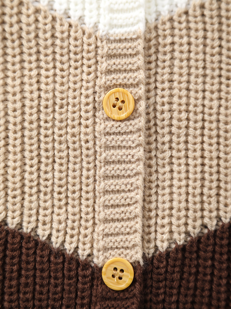 Baby Retro Tricolor Color Blocking Knitted Cardigan.