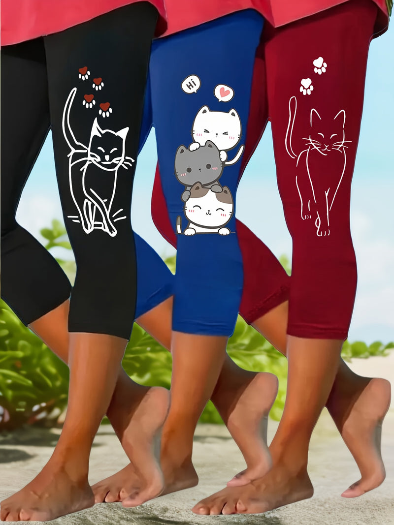 3-Pack Capri Leggings - High-Stretch Floral Print Lightweight Breathable.