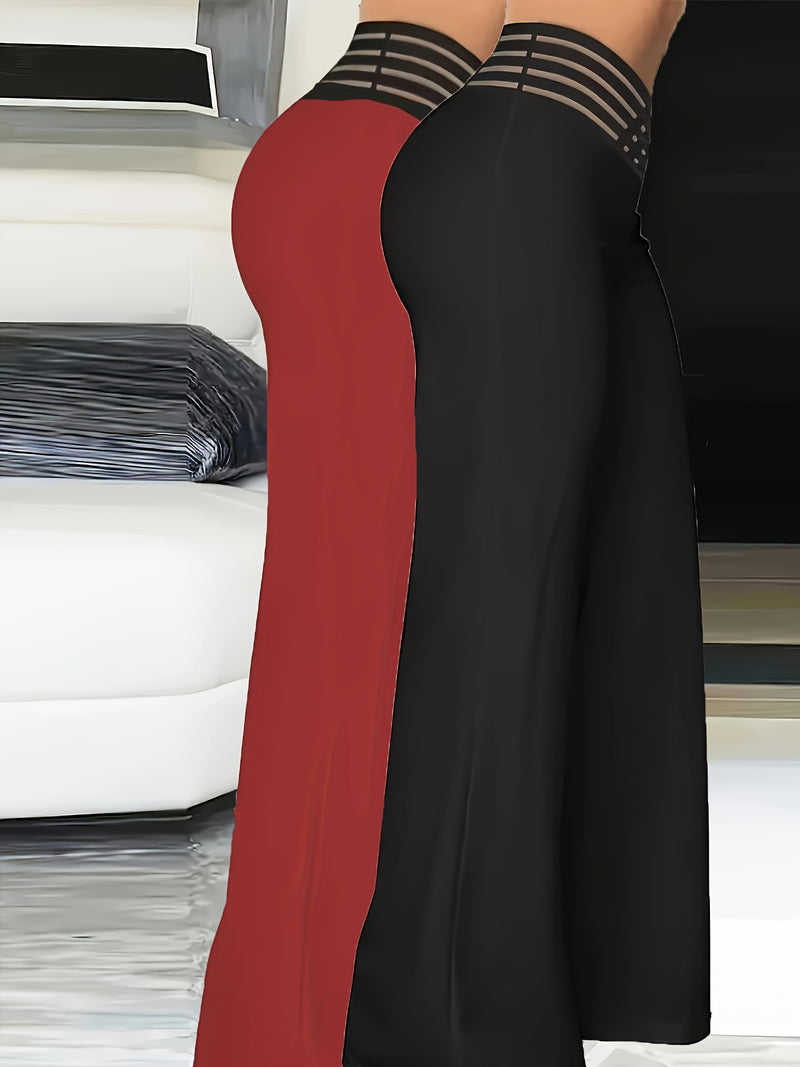 2pcs Women’s Fashion Solid Color Cross Transparent Mesh Patch High-Waisted Pants.