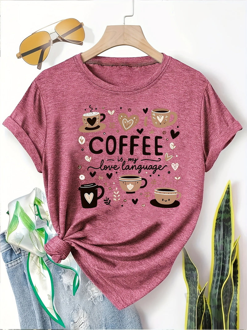 Elegant Women's Short-Sleeve T-Shirt with Coffee-Themed Prints.