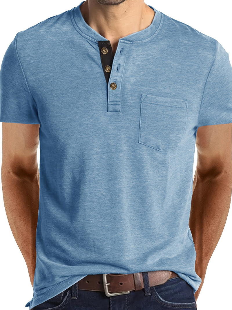 Men's Henley Round Neck Short Sleeve T-Shirt.