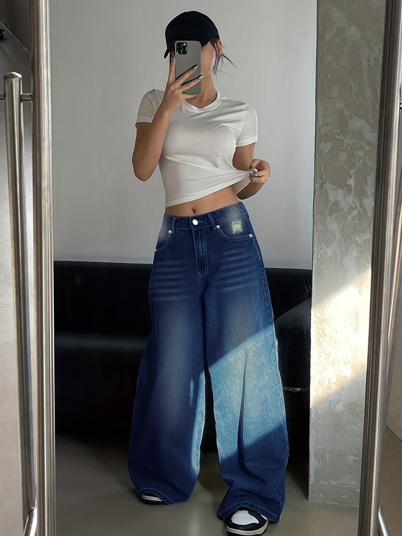 Women's New Washed Blue Wide-Leg Ultra-Long Floor-Length Ripped Loose-Fit Wide-Leg Casual Jeans.