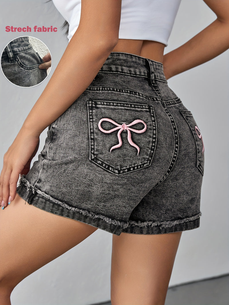 1pc bow embroidered folded hem vintage washed slightly stretch denim shorts.