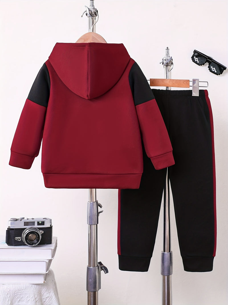 2pcs Boys Autumn/Winter Fleece-Lined Hooded Sweatshirt and Pants Set.