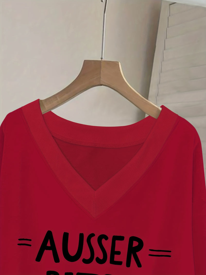Women's Pink V-Neck Long Sleeve Sweater with German Letter Print.