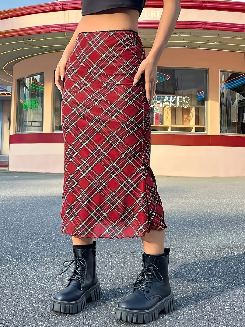 Women's Spring/Summer Floral Ruffle Hem Midi Skirt with Plaid Print.