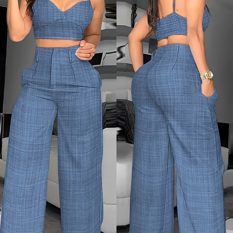 Women's Solid Color Camisole And Loose-Fitting Long Pants Two-Piece.