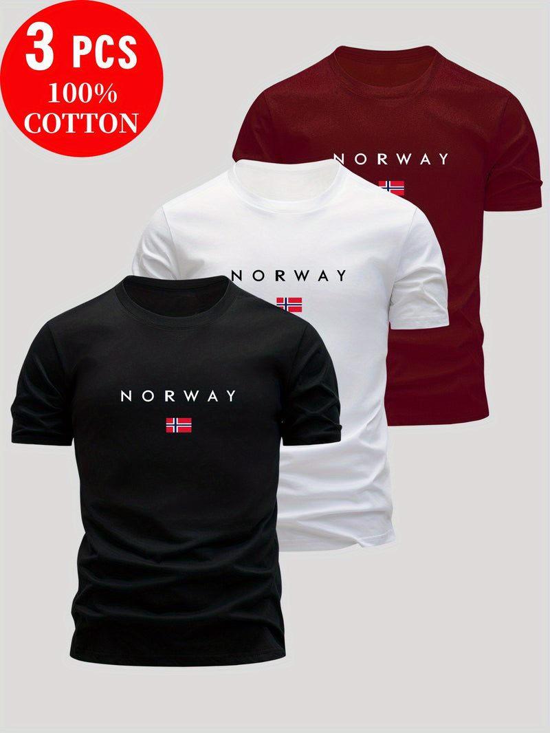 Set of 3 T-Shirts, Casual Summer Tops, Round Neck, Fitted for Men.