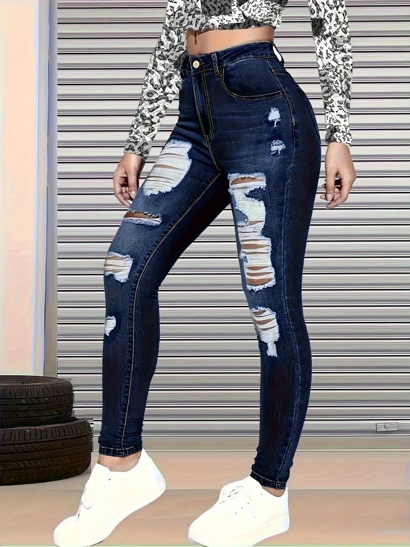 Women's Blue Distressed Skinny Jeans, Ripped Washed Denim Pants.