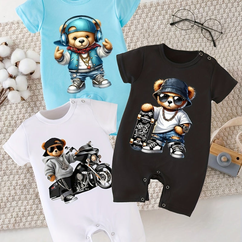 3pcs Cartoon Print Summer Short Sleeve Baby Romper Bodysuit.