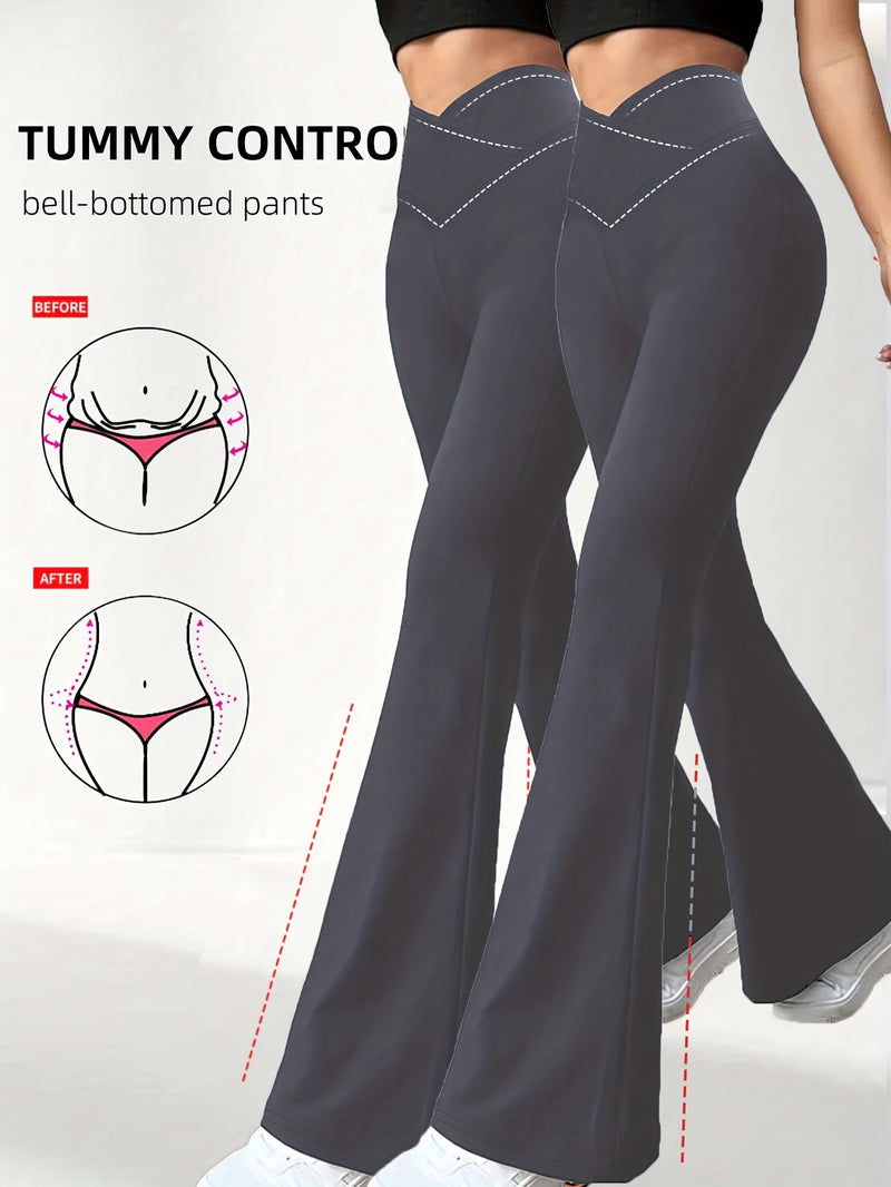 2pcs Women's High-Waisted Wide-Leg Bell-Bottom Tummy Control Pants.