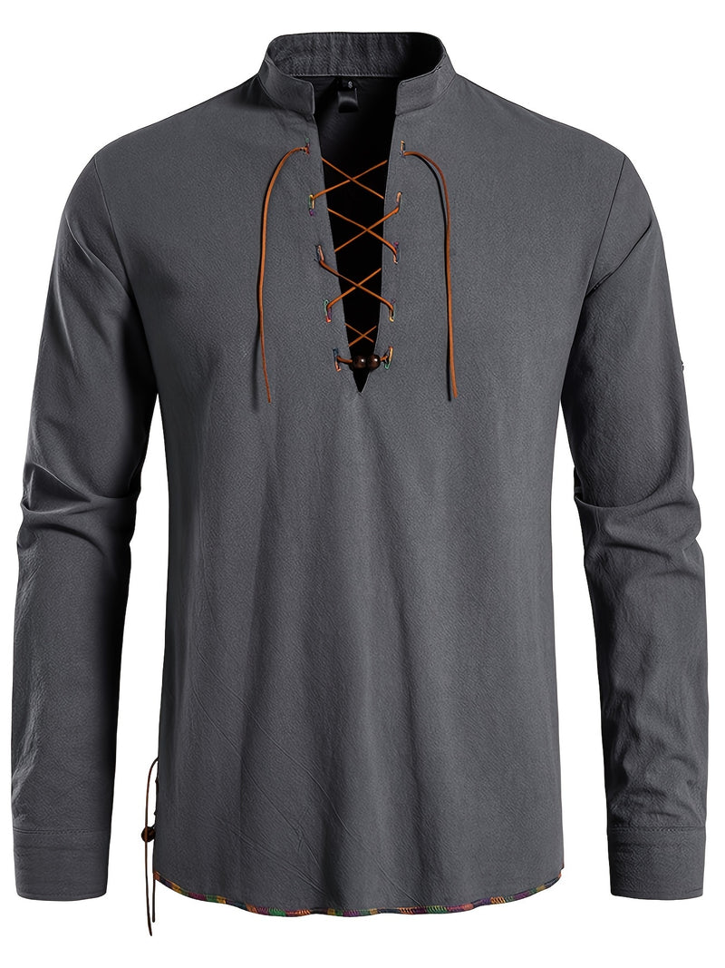 Men's Henley Shirt Long Sleeve Casual Beach Stand Collar Shirt.