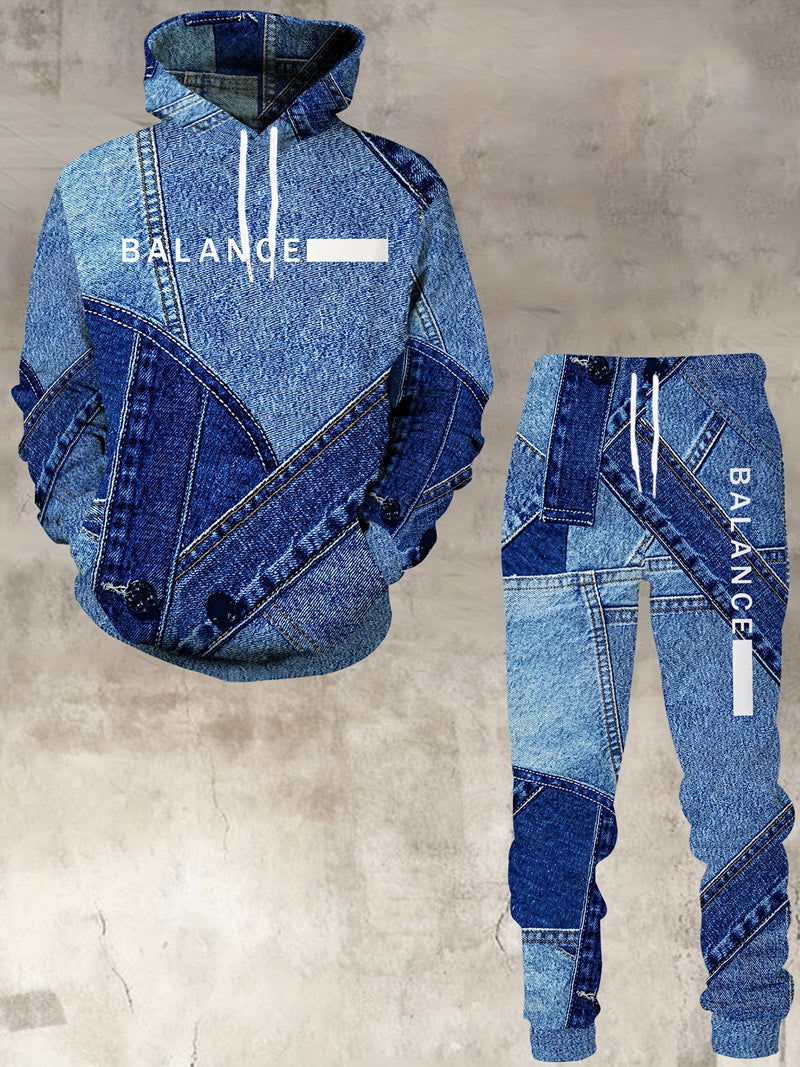 New Blue Denim Patchwork Style Pattern Digital Print Sportswear Set Hooded.