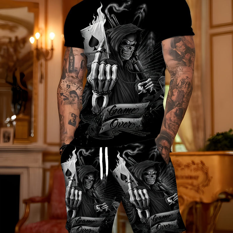 Men's Color Block Logo Skull Print 3D Pattern Summer Casual Sportswear Set.
