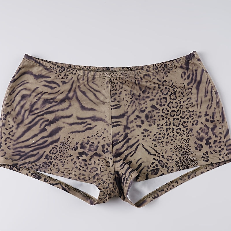 Sexy Leopard Print Backless Halter Neck Top and Tight Shorts Set for Women.