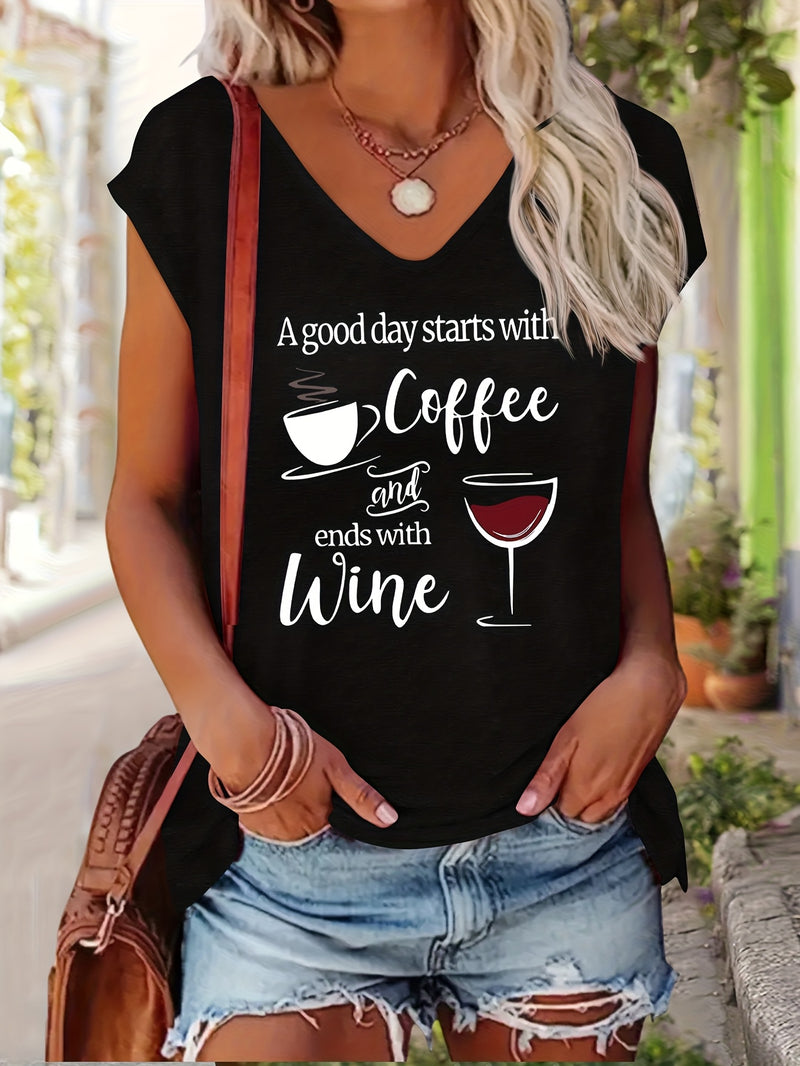Women’s Comfortable V-Neck Short-Sleeve T-Shirt Features a Print.