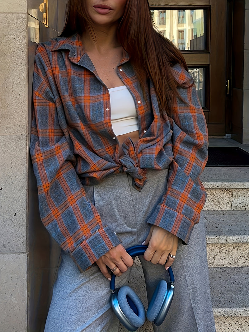 Spring Plaid Long-sleeve Pocket Women's Blouse.