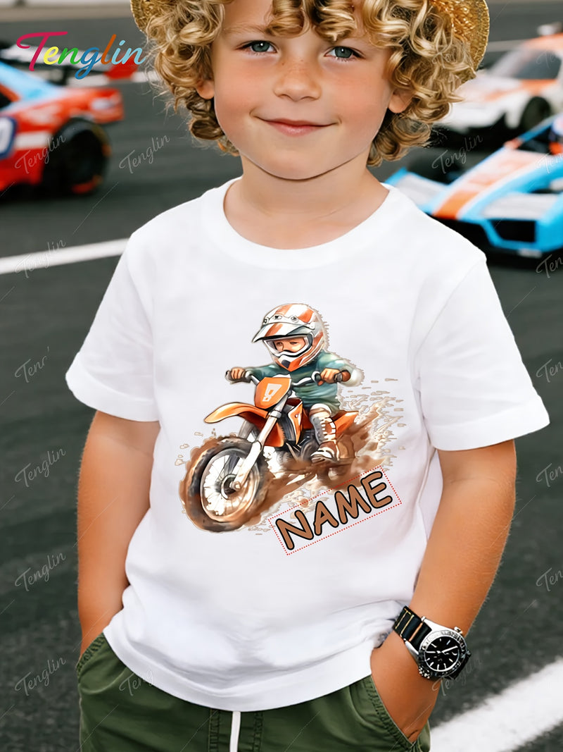 Custom Motorcycle Print Short Sleeve T-Shirt for Boys and Girls.