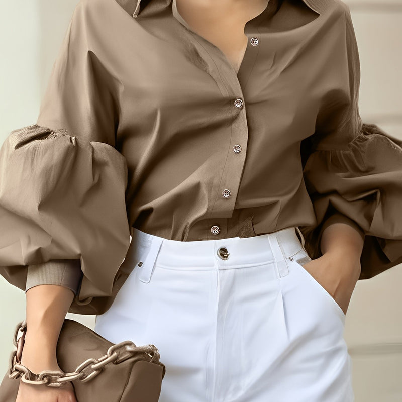 Fashion Women's Solid Color Turn- Collar Lantern Sleeve.