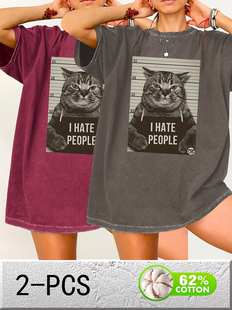 Cat Print Loose Round Neck Fashion Women's Wash Short Sleeve.
