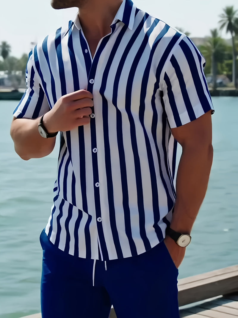 Men's Fashion 2pcs Set Blue and White Vertical Striped Button.