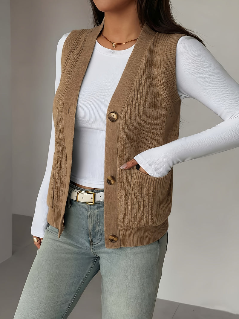 New Solid Color V-Neck Pocket Women's Sweater Vest.