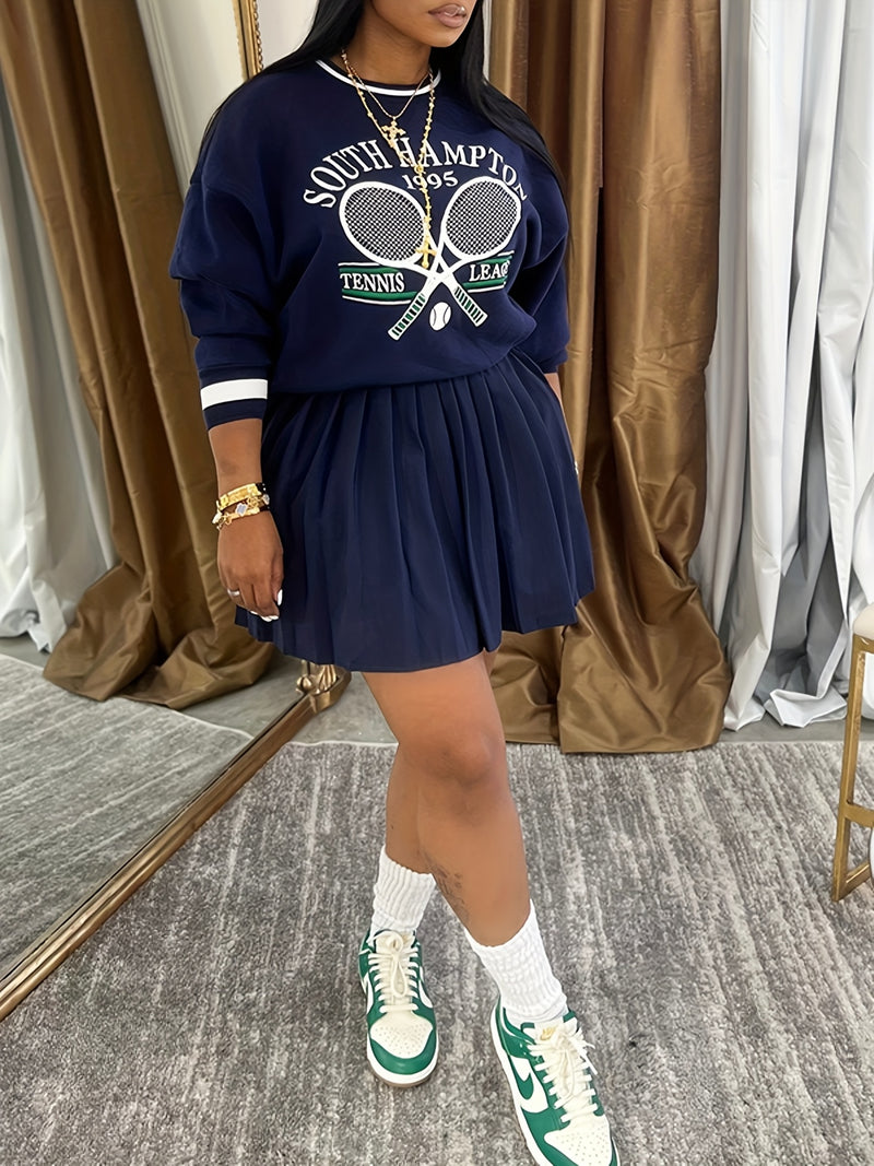 Women’s Printed Sweatshirt And Pleated Skirt Two-Piece Set.