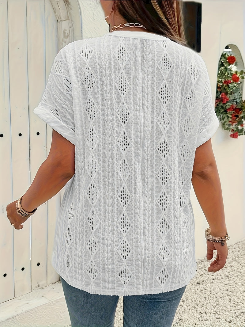 Women's Short-Sleeve V-Neck Solid Color Jacquard Hollow-Out Two-Piece T-Shirt.