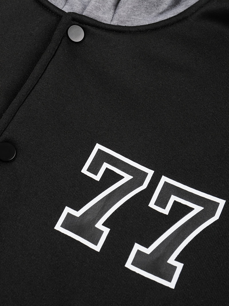 Men's Color Blocking Letters Pattern Hooded Baseball Jacket, Casual Stylish Outdoor.