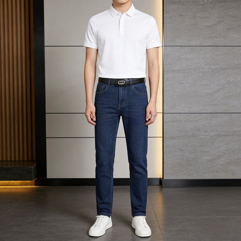 Men's Elastic Straight-Leg Jeans, New Heavy-Duty Denim Fabric.