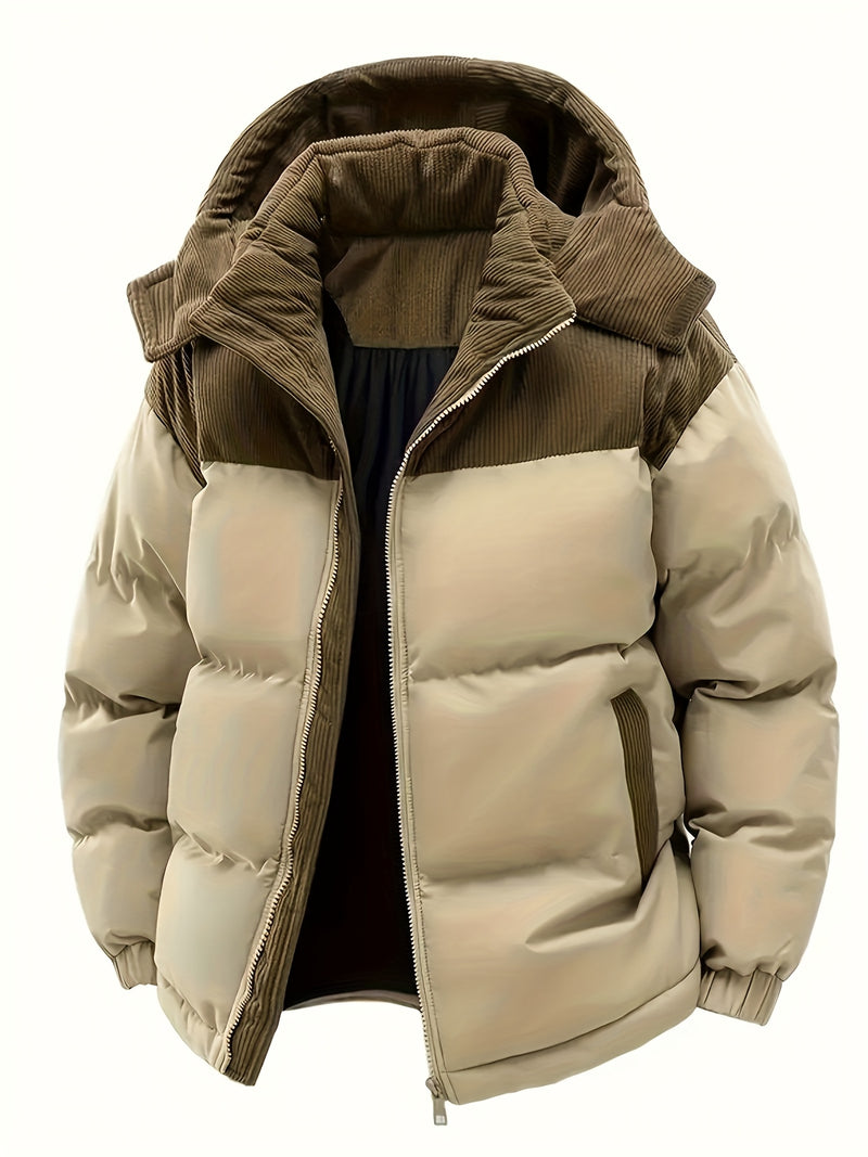 Men'S Thickened Winter Jacket with Corduroy Patchwork And Hood.