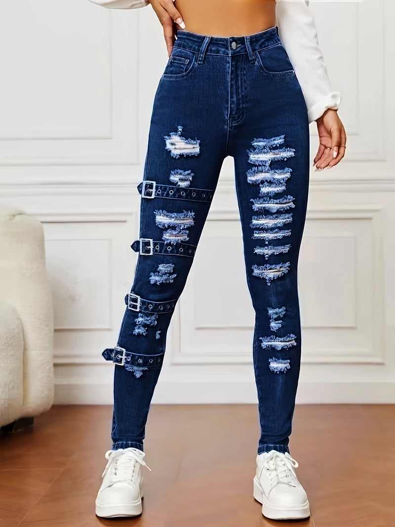 Women's Stretchy Fashionable Versatile Snap Button Ripped Skinny Ankle Jeans.