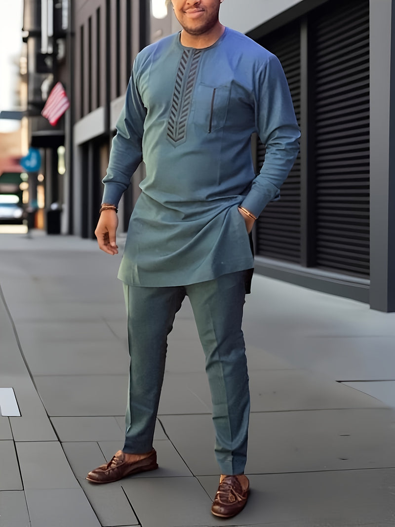 Men'S Plus Size Casual Two-Piece Set  Crew Neck with Zipper Detail.