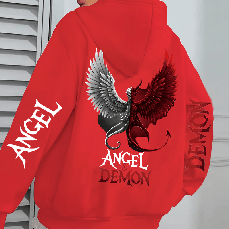 Hooded Sweatshirt with Angel and Demon Print.