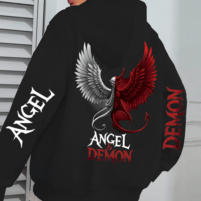 Hooded Sweatshirt with Angel and Demon Print.