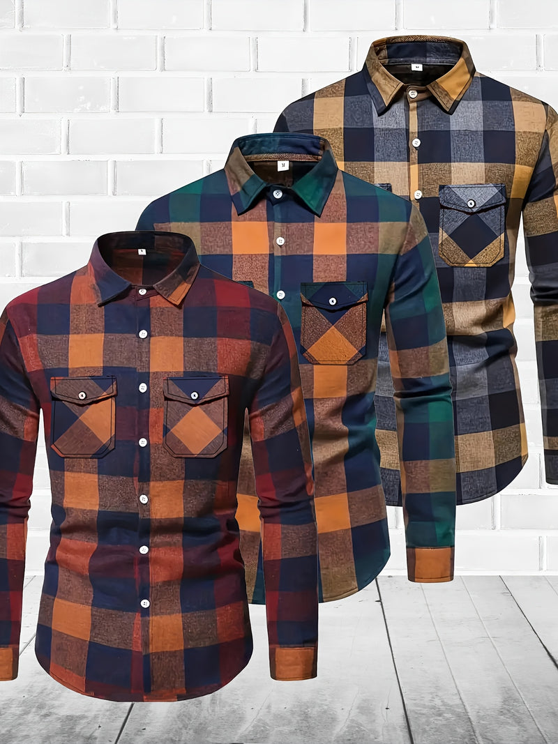 3pcs Men's Plaid Shirts with Top Lapel Long Sleeve.
