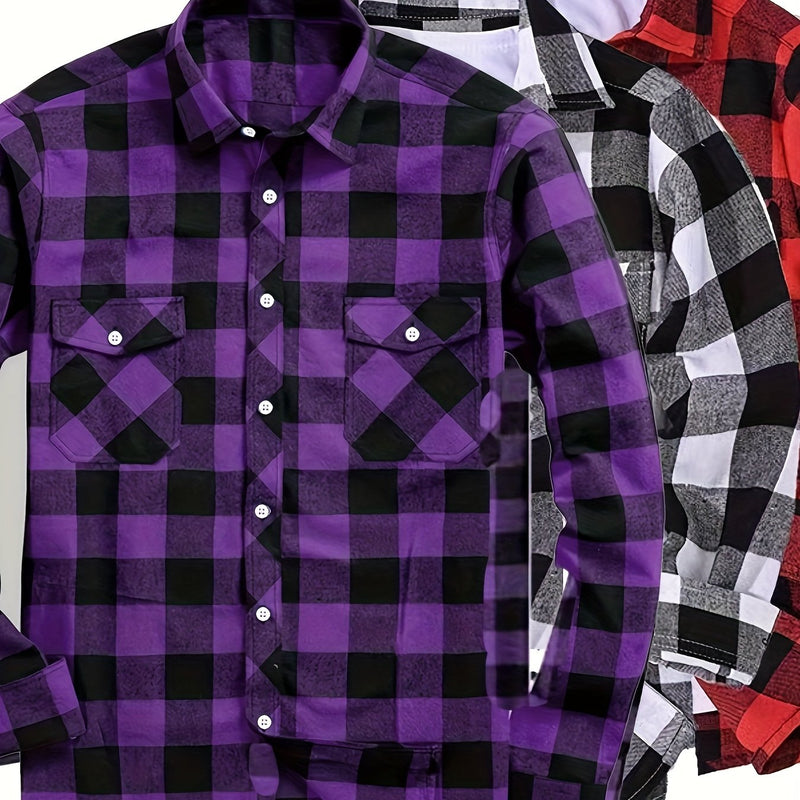 3pcs Men's Plaid Shirt Top with Turn- Collar Long Sleeve Button-Up.