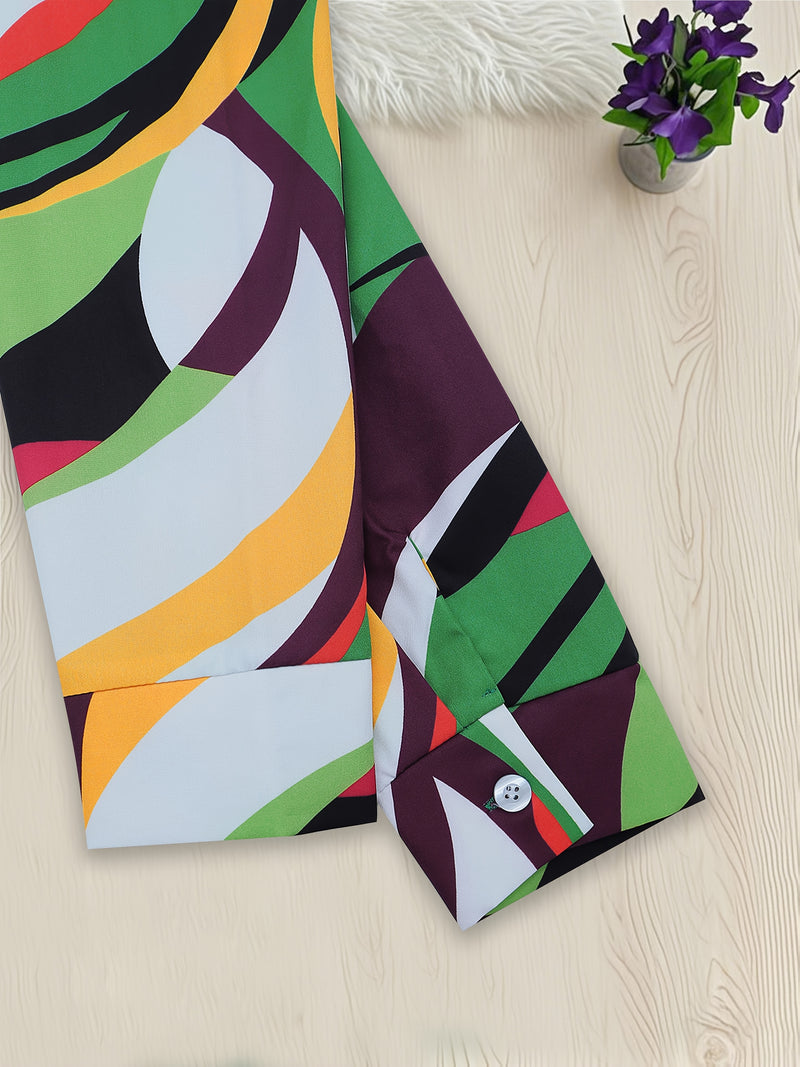 Women’s Two-Piece Set Featuring a Geometric Print Shirt And Solid Color Trousers.