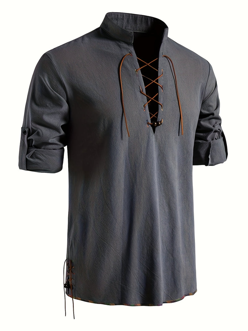 Men's Henley Shirt Long Sleeve Casual Beach Stand Collar Shirt.
